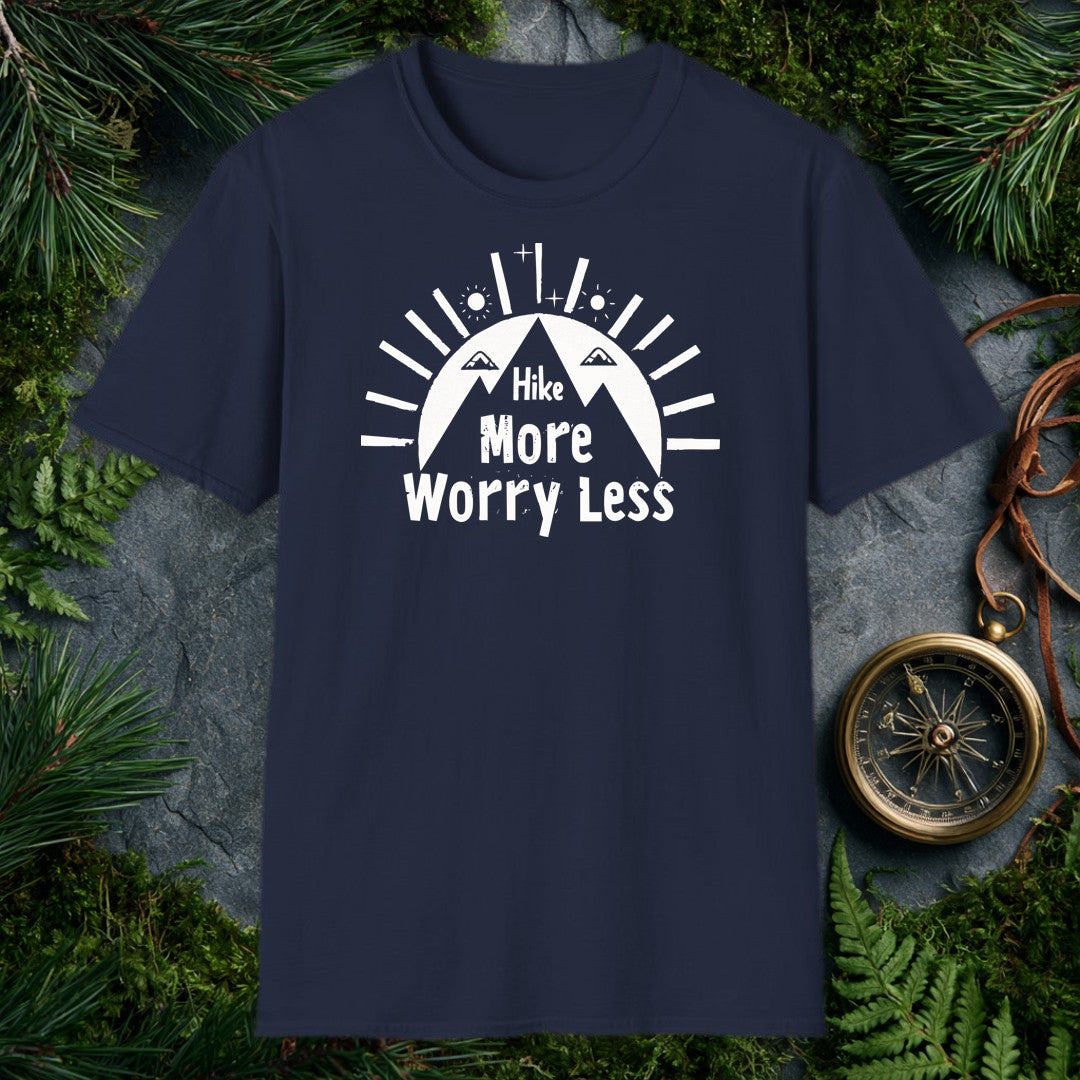 A bold rising sun crowns a lone hiker on the trail, rays fanning wide and the words Hike More, Worry Less anchored below — for the person who knows the cure…