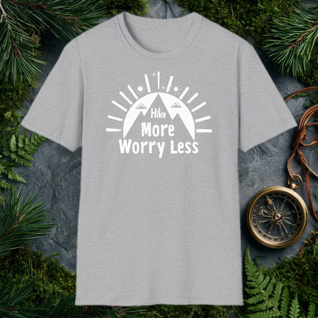 A bold rising sun crowns a lone hiker on the trail, rays fanning wide and the words Hike More, Worry Less anchored below — for the person who knows the cure…