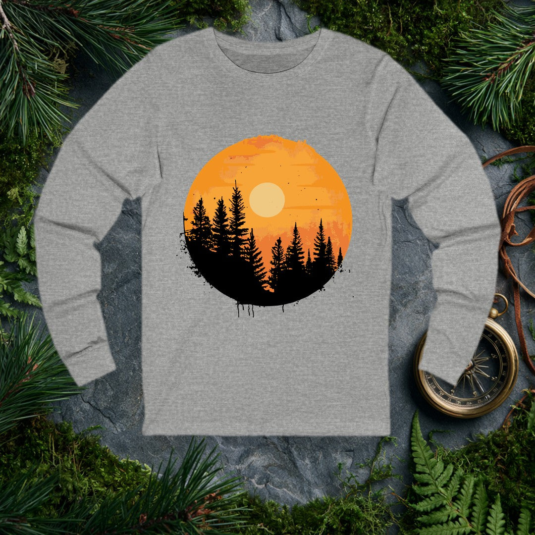 A silhouette of tall pines rises against a warm amber sky, a pale sun glowing through the haze — the kind of view you earn at the end of a long trail. Made for…