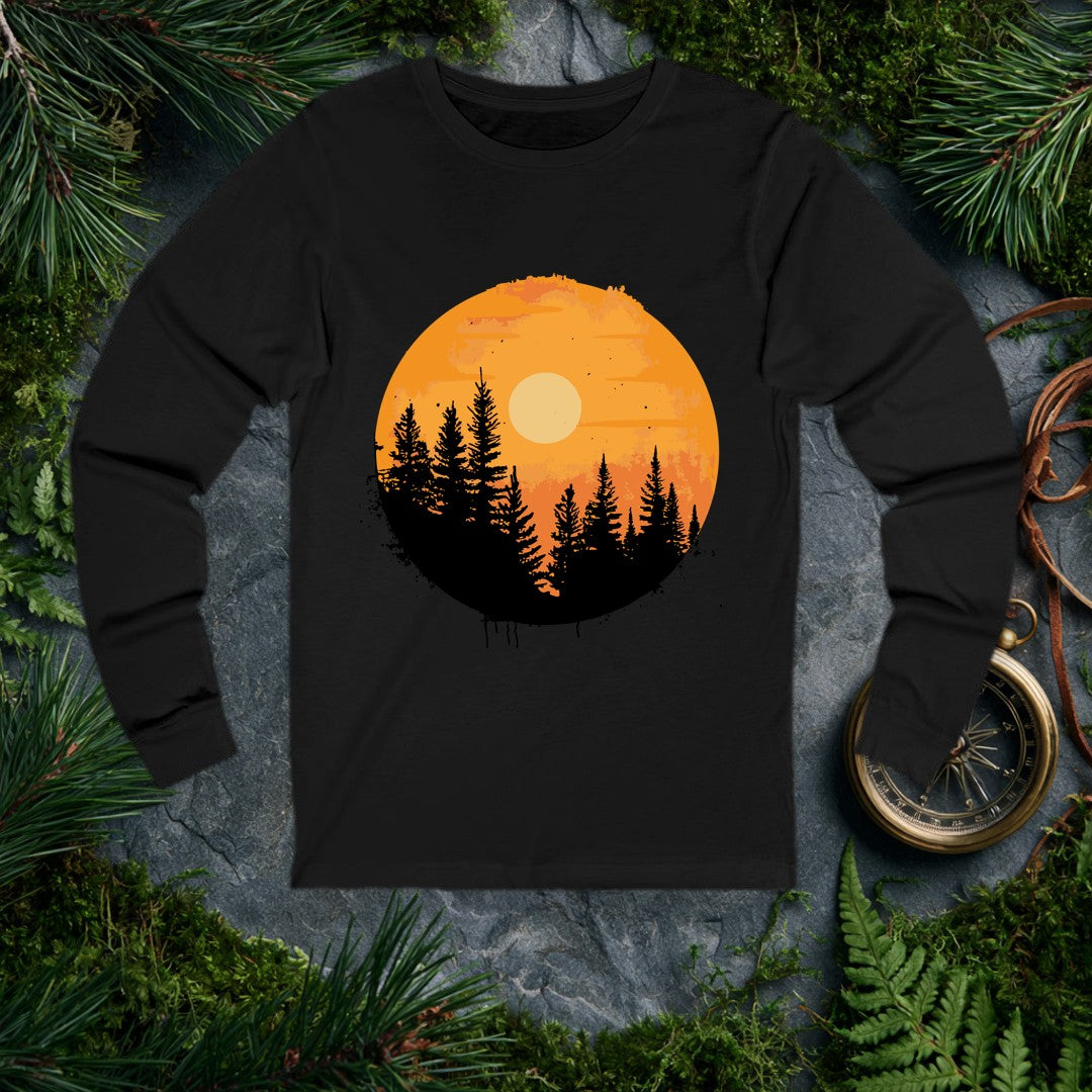 A silhouette of tall pines rises against a warm amber sky, a pale sun glowing through the haze — the kind of view you earn at the end of a long trail. Made for…