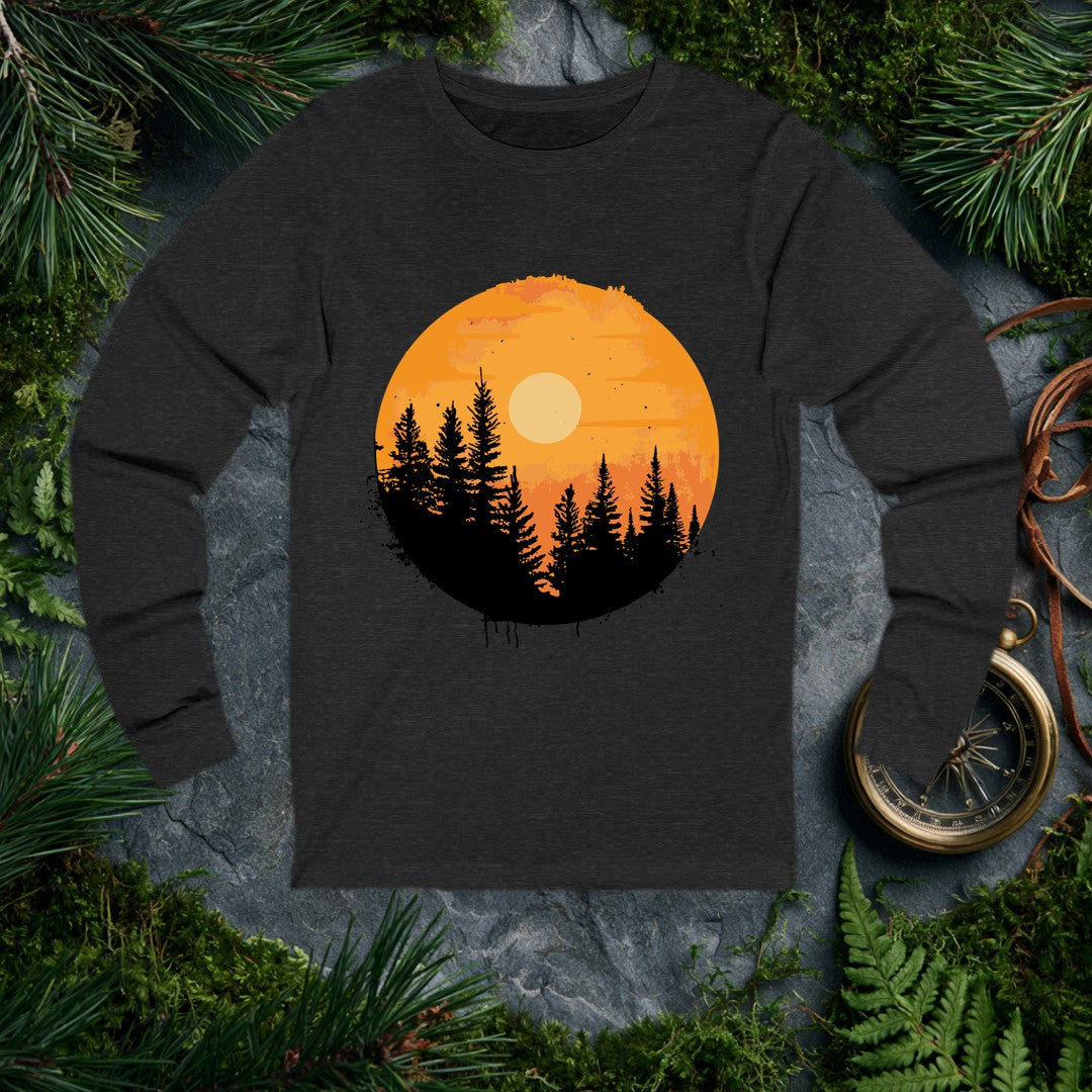 A silhouette of tall pines rises against a warm amber sky, a pale sun glowing through the haze — the kind of view you earn at the end of a long trail. Made for…