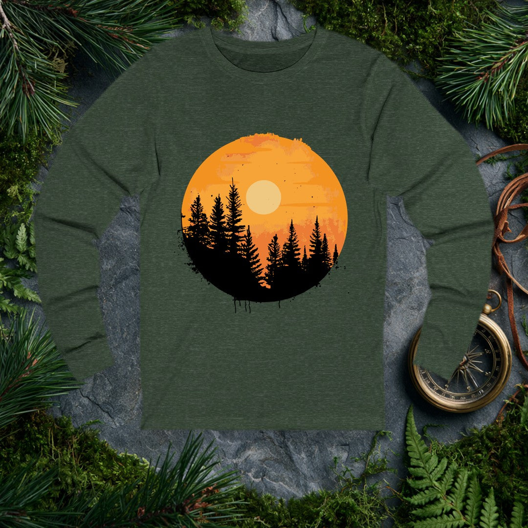 A silhouette of tall pines rises against a warm amber sky, a pale sun glowing through the haze — the kind of view you earn at the end of a long trail. Made for…