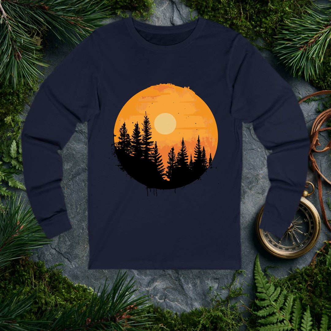 A silhouette of tall pines rises against a warm amber sky, a pale sun glowing through the haze — the kind of view you earn at the end of a long trail. Made for…
