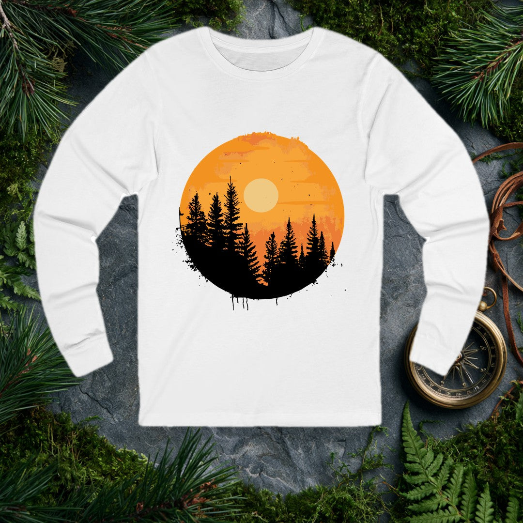 A silhouette of tall pines rises against a warm amber sky, a pale sun glowing through the haze — the kind of view you earn at the end of a long trail. Made for…
