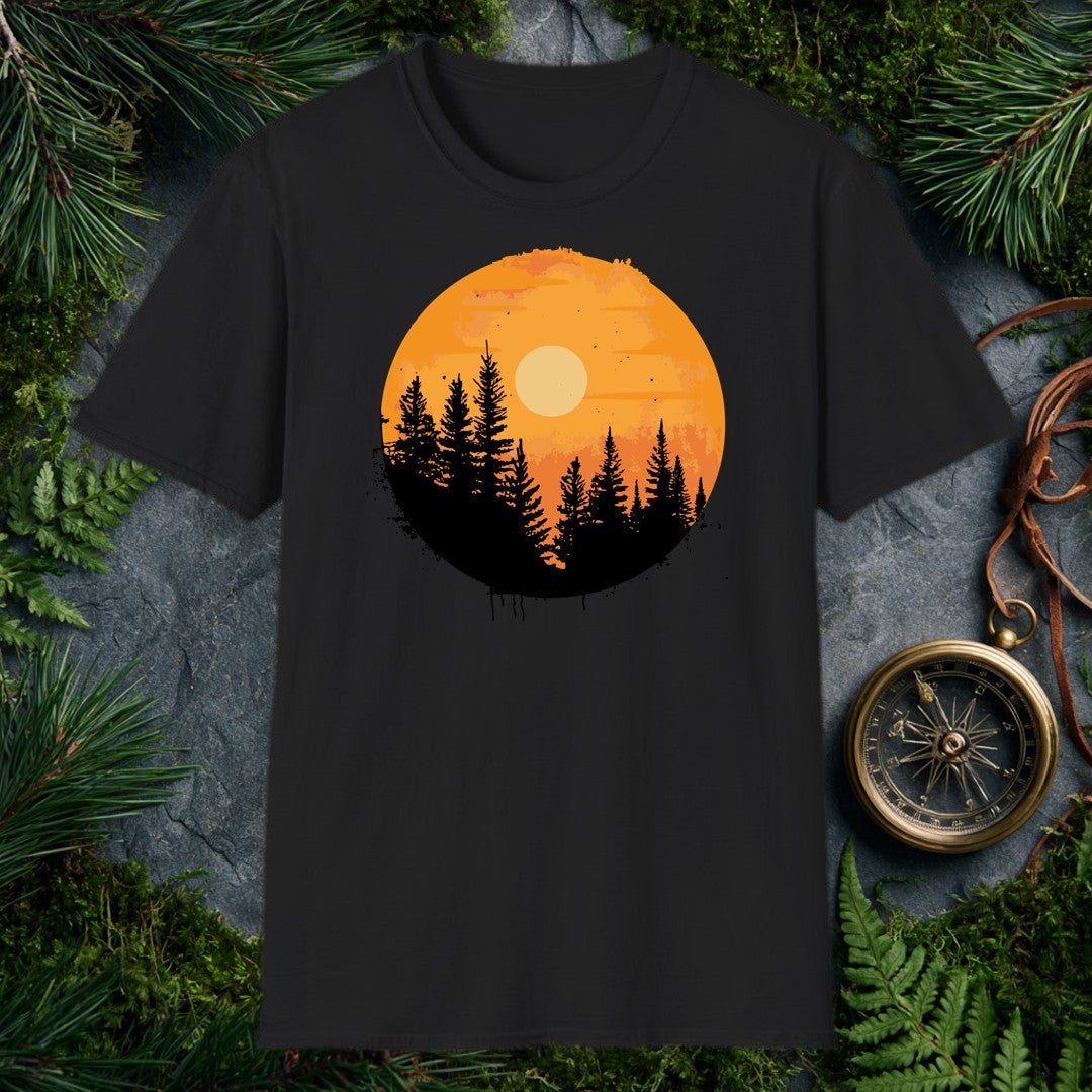 A silhouette of tall pines rises against a warm amber sky, a pale sun glowing through the haze — the kind of view you earn at the end of a long trail. Made for…