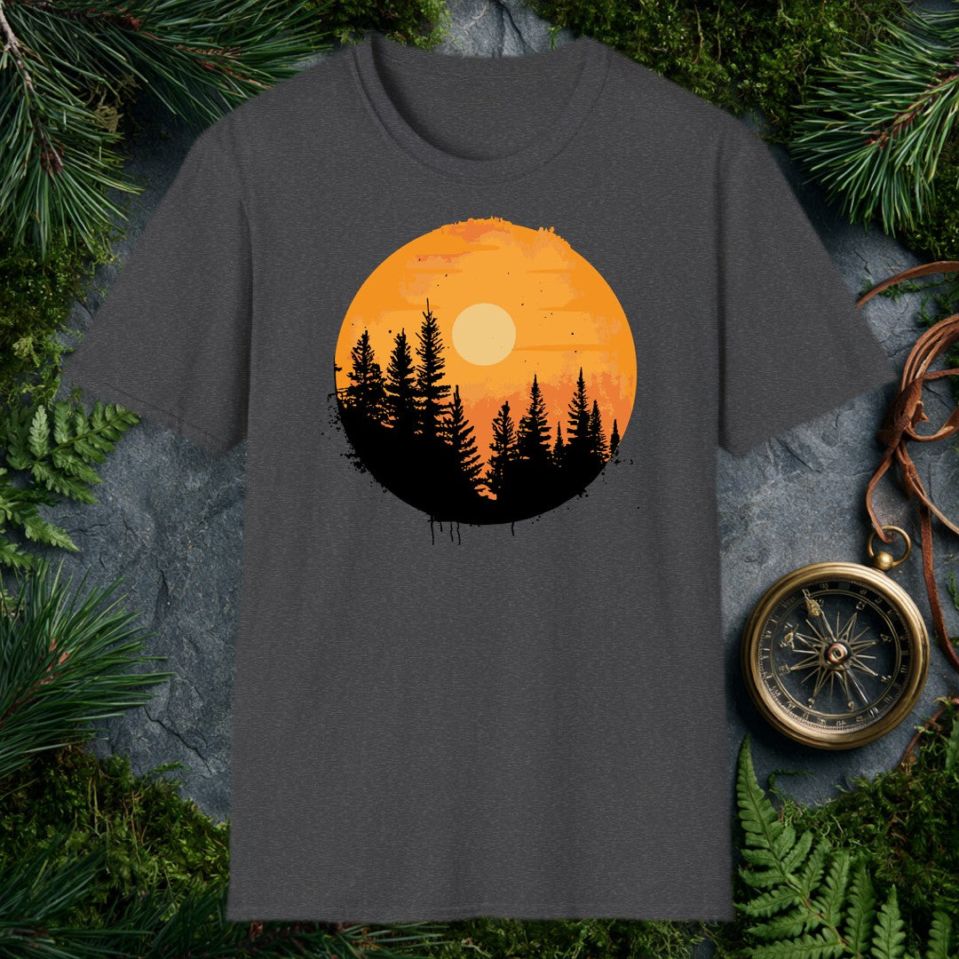 A silhouette of tall pines rises against a warm amber sky, a pale sun glowing through the haze — the kind of view you earn at the end of a long trail. Made for…