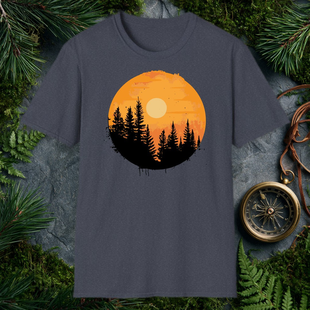A silhouette of tall pines rises against a warm amber sky, a pale sun glowing through the haze — the kind of view you earn at the end of a long trail. Made for…