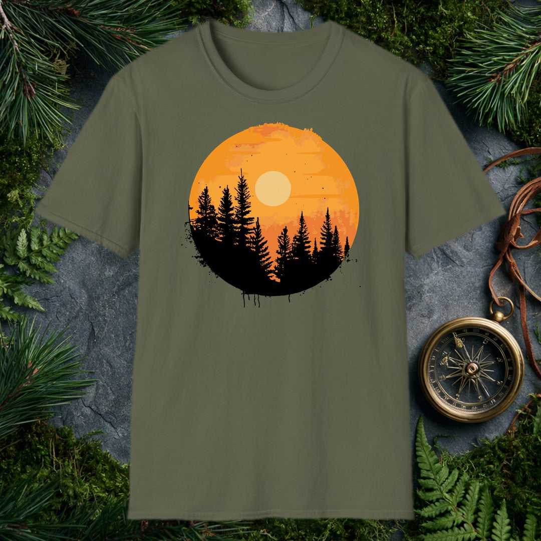 A silhouette of tall pines rises against a warm amber sky, a pale sun glowing through the haze — the kind of view you earn at the end of a long trail. Made for…