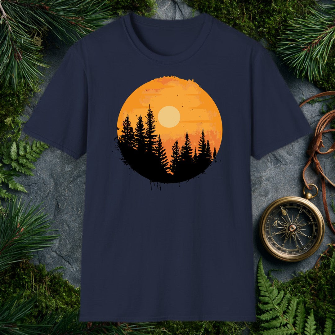 A silhouette of tall pines rises against a warm amber sky, a pale sun glowing through the haze — the kind of view you earn at the end of a long trail. Made for…
