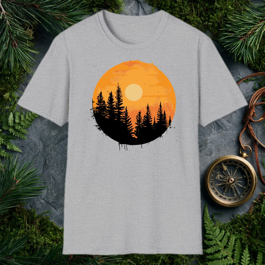 A silhouette of tall pines rises against a warm amber sky, a pale sun glowing through the haze — the kind of view you earn at the end of a long trail. Made for…