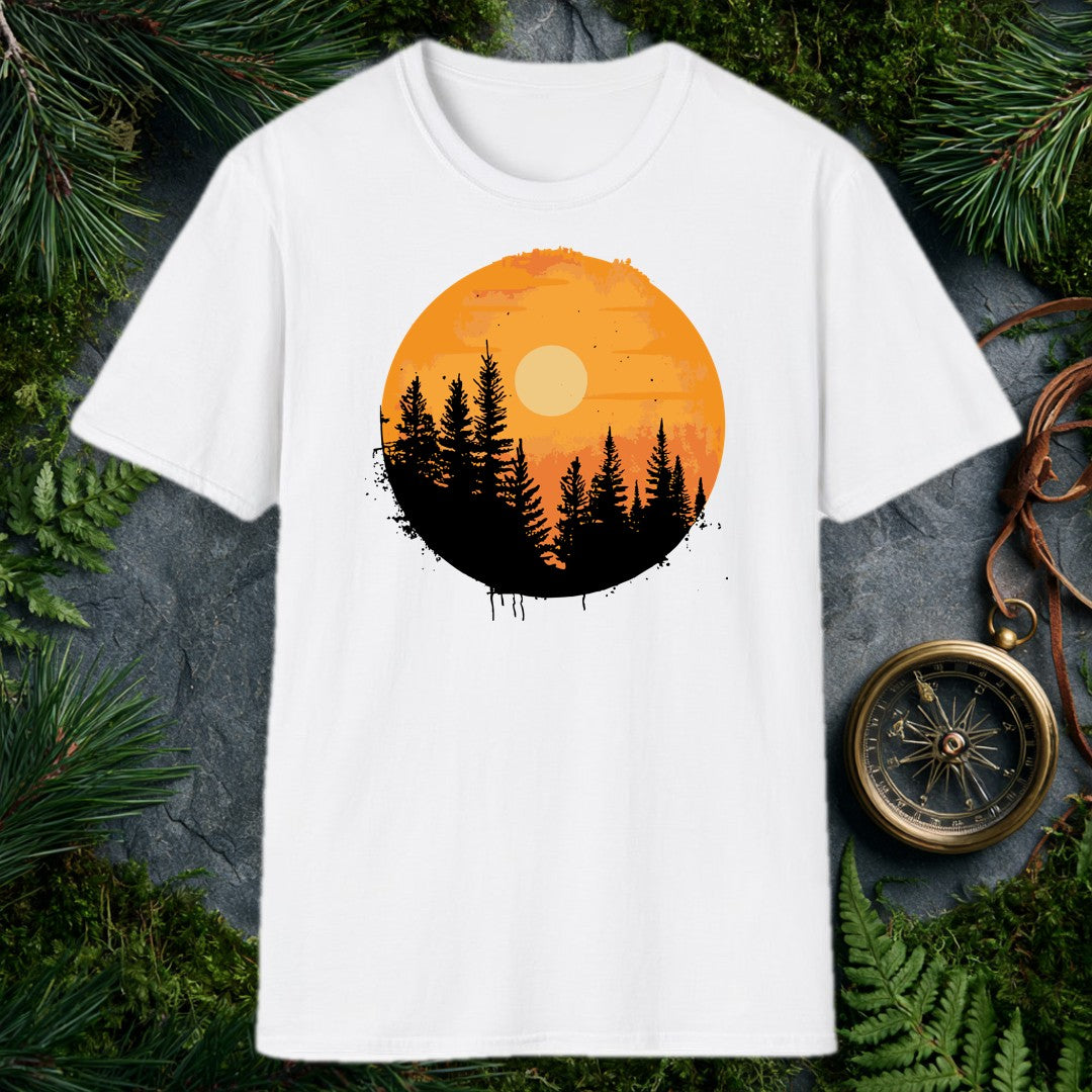 A silhouette of tall pines rises against a warm amber sky, a pale sun glowing through the haze — the kind of view you earn at the end of a long trail. Made for…