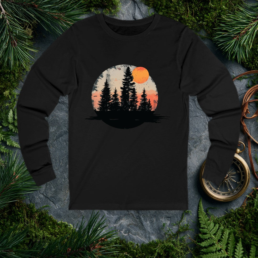 A stand of tall evergreens rises in silhouette against a warm amber sky, a deep orange harvest moon cresting the canopy above layered coral mountains — for the…