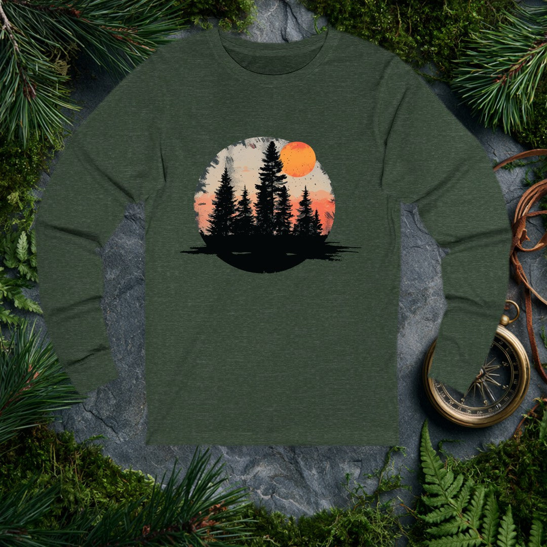 A stand of tall evergreens rises in silhouette against a warm amber sky, a deep orange harvest moon cresting the canopy above layered coral mountains — for the…