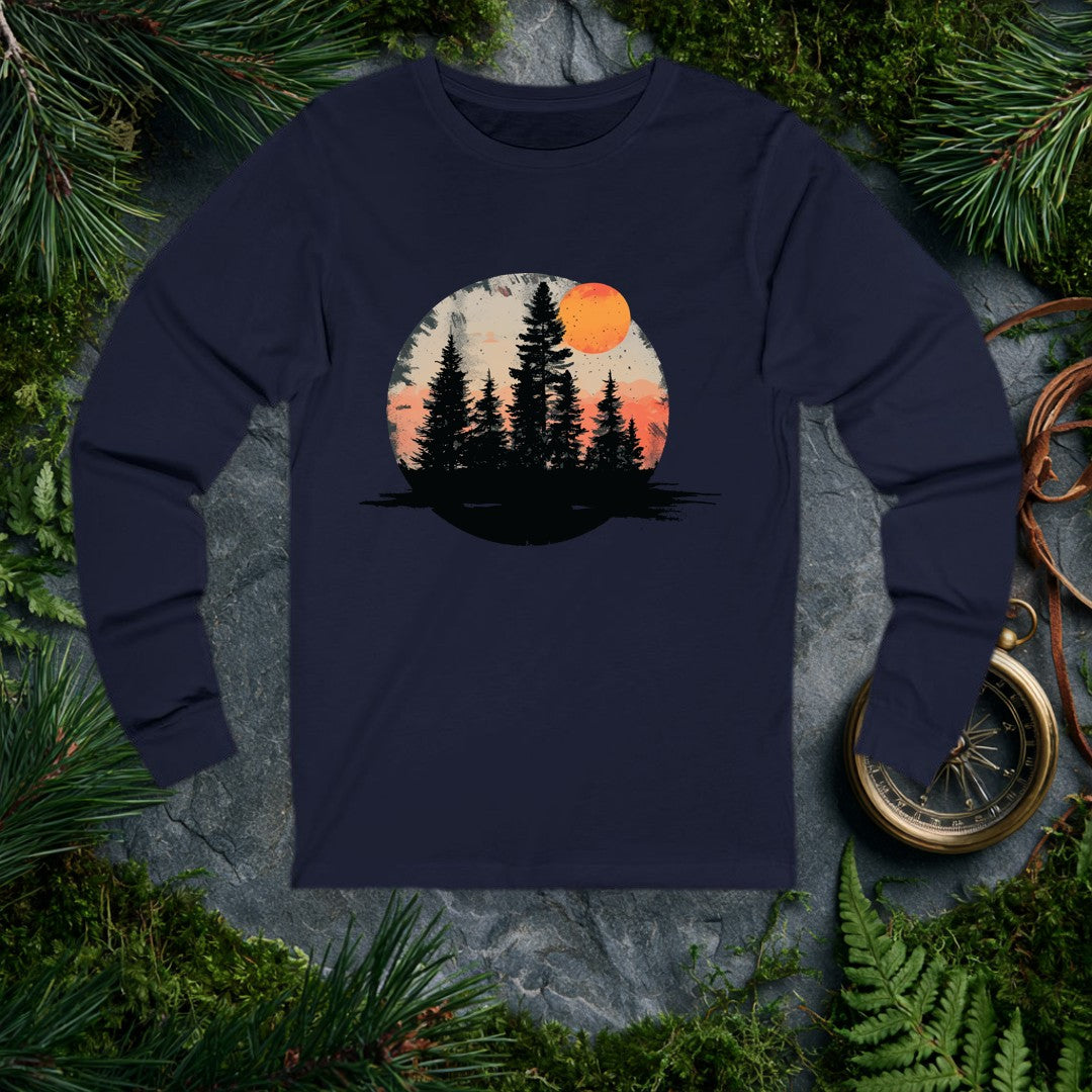 A stand of tall evergreens rises in silhouette against a warm amber sky, a deep orange harvest moon cresting the canopy above layered coral mountains — for the…