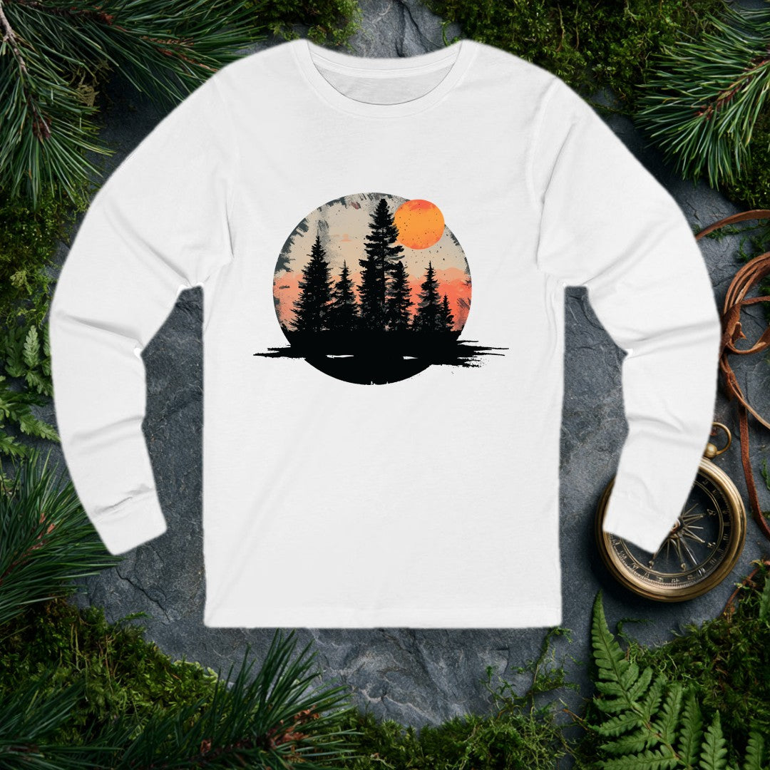 A stand of tall evergreens rises in silhouette against a warm amber sky, a deep orange harvest moon cresting the canopy above layered coral mountains — for the…
