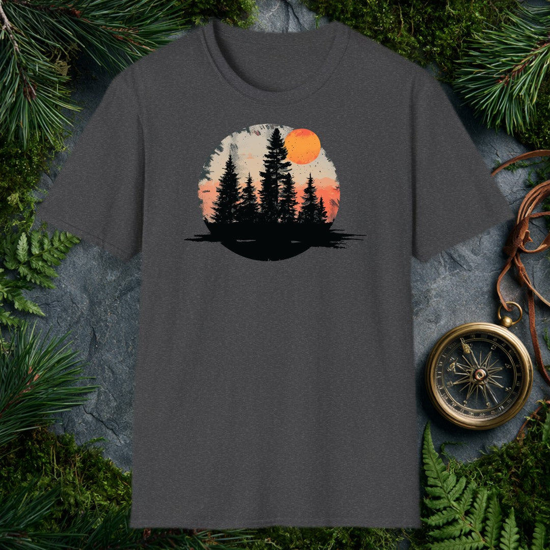 A stand of tall evergreens rises in silhouette against a warm amber sky, a deep orange harvest moon cresting the canopy above layered coral mountains — for the…