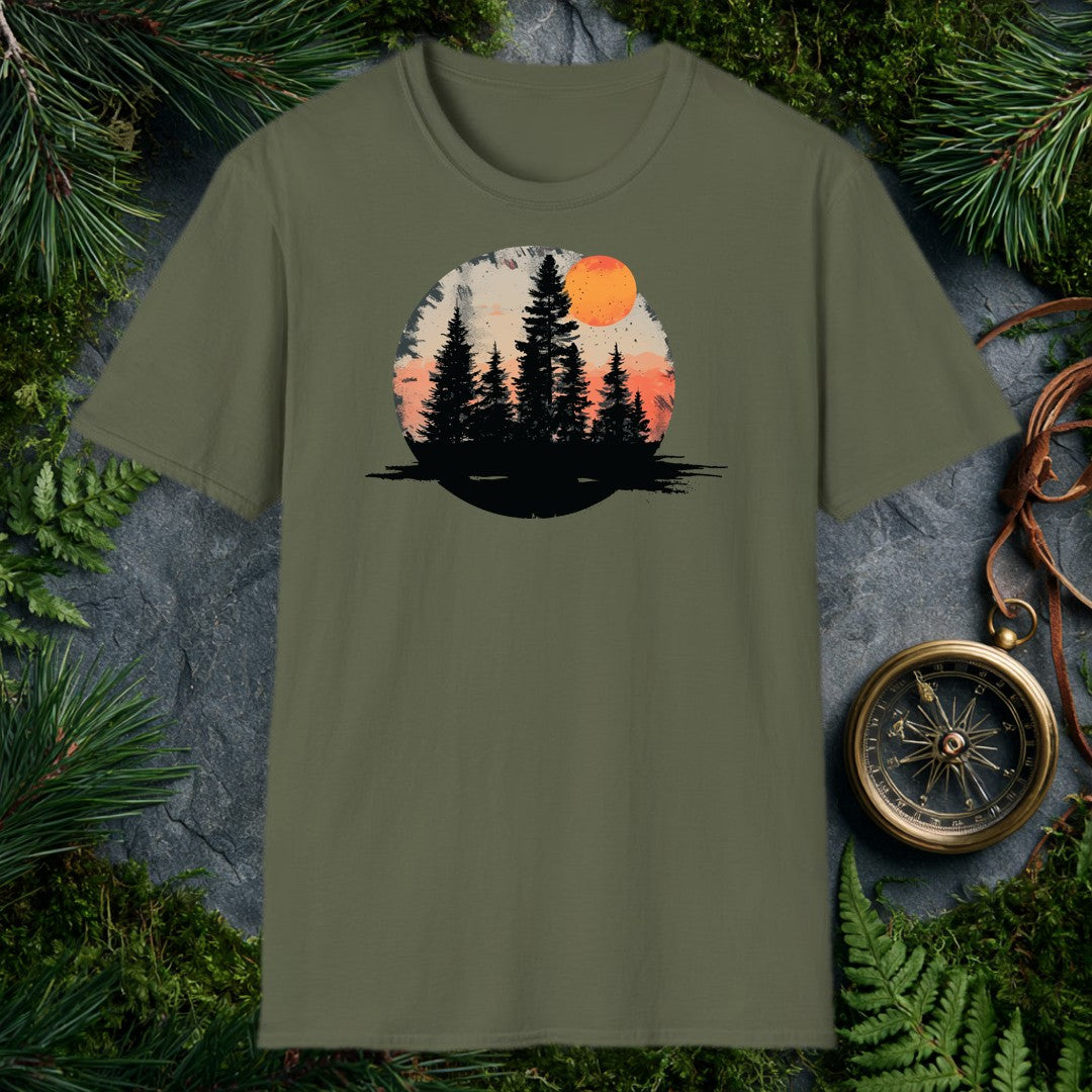 A stand of tall evergreens rises in silhouette against a warm amber sky, a deep orange harvest moon cresting the canopy above layered coral mountains — for the…