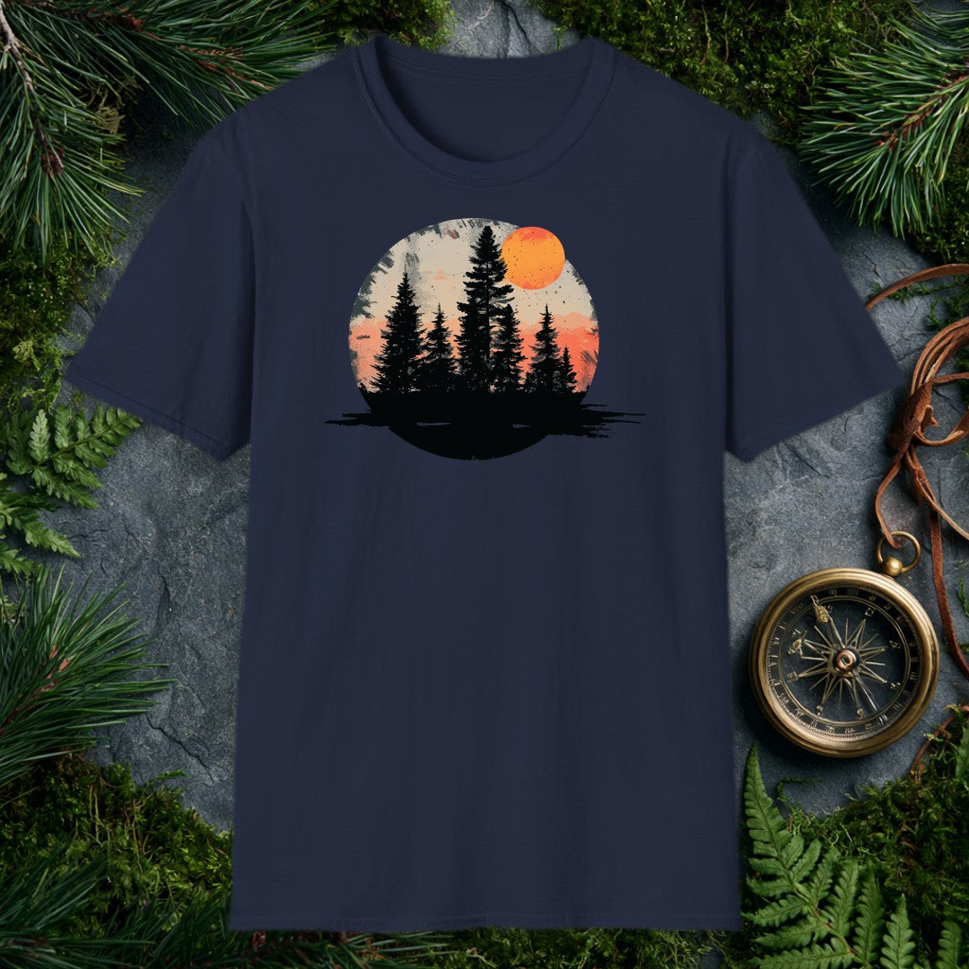A stand of tall evergreens rises in silhouette against a warm amber sky, a deep orange harvest moon cresting the canopy above layered coral mountains — for the…