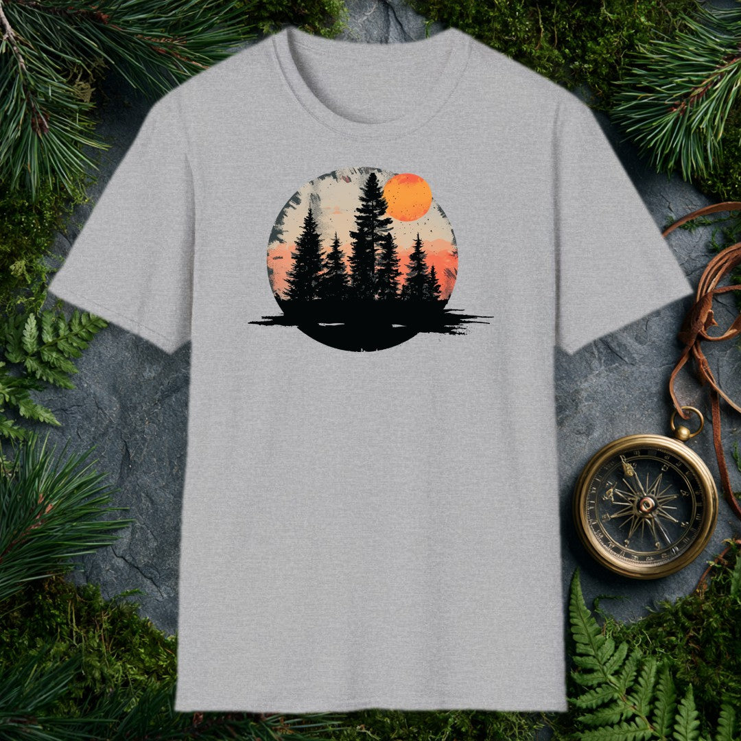 A stand of tall evergreens rises in silhouette against a warm amber sky, a deep orange harvest moon cresting the canopy above layered coral mountains — for the…