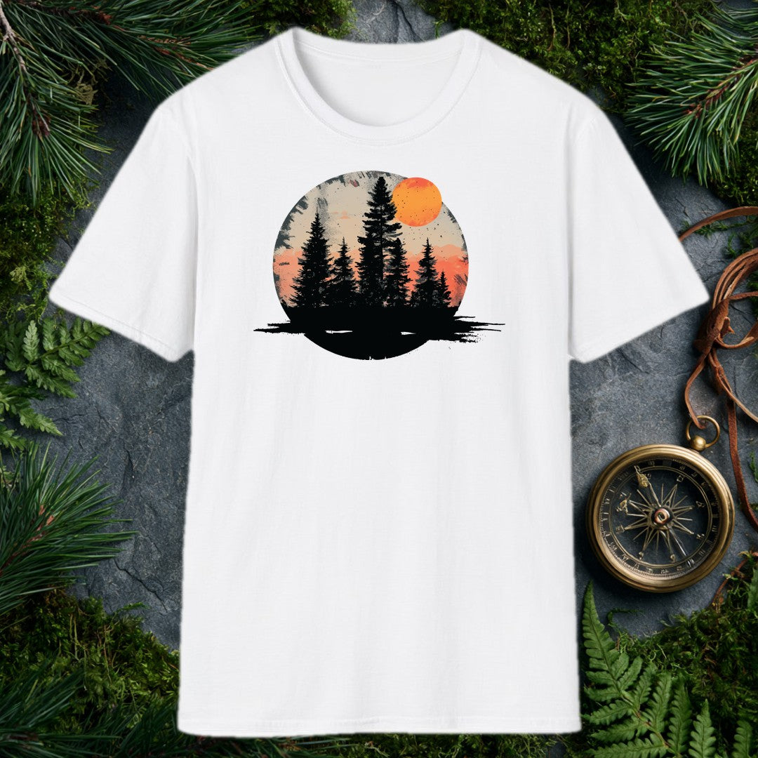 A stand of tall evergreens rises in silhouette against a warm amber sky, a deep orange harvest moon cresting the canopy above layered coral mountains — for the…