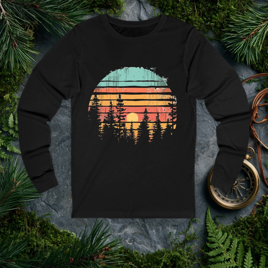 Horizontal stripes of teal, rust, and amber band together around a forest silhouette — white pines framing a golden setting sun, the whole scene reflected like…
