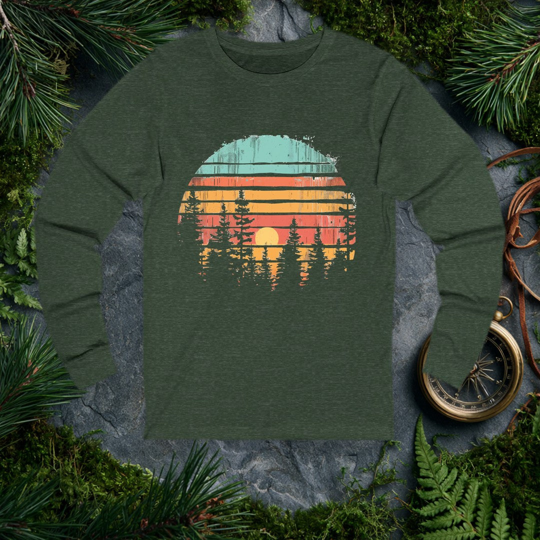 Horizontal stripes of teal, rust, and amber band together around a forest silhouette — white pines framing a golden setting sun, the whole scene reflected like…