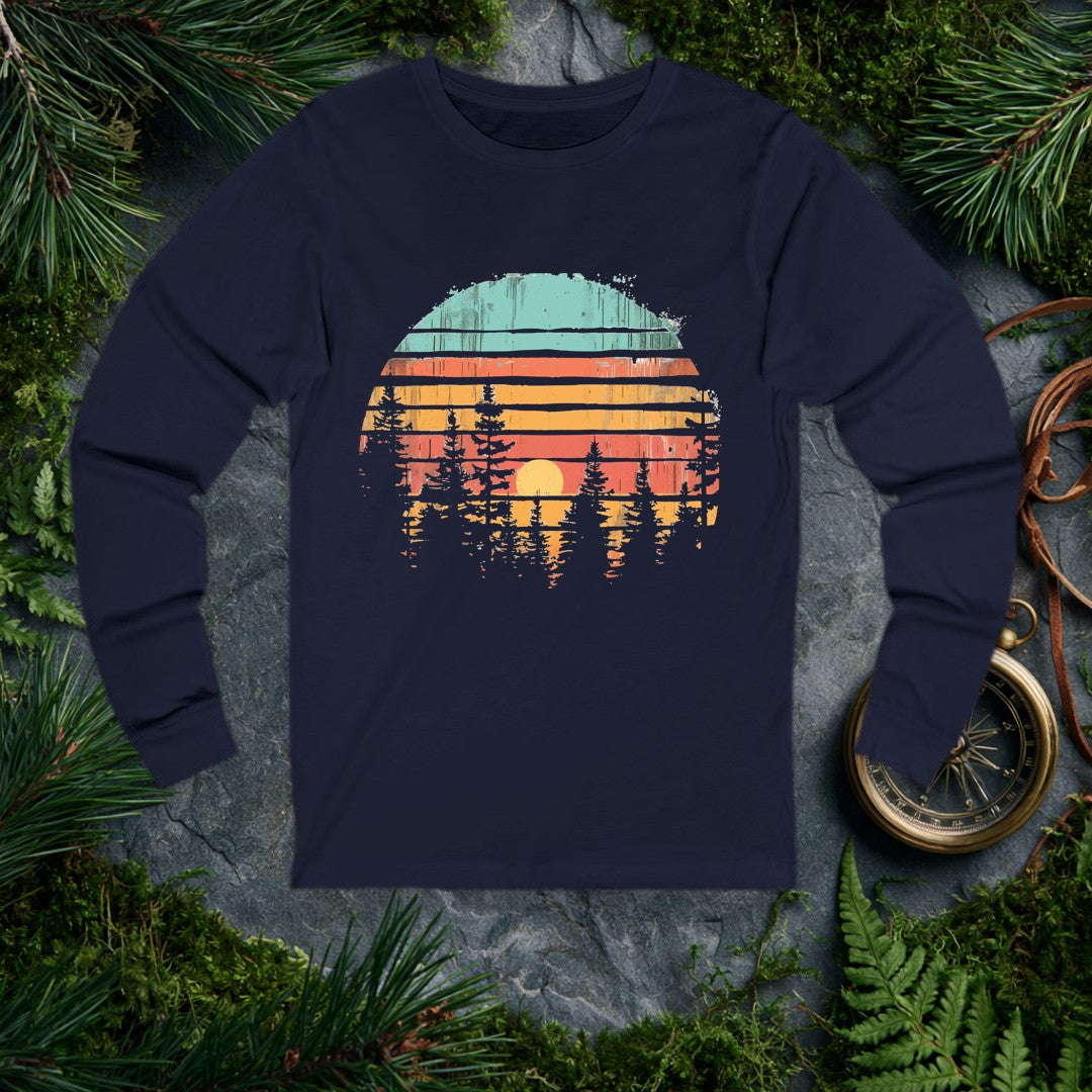 Horizontal stripes of teal, rust, and amber band together around a forest silhouette — white pines framing a golden setting sun, the whole scene reflected like…