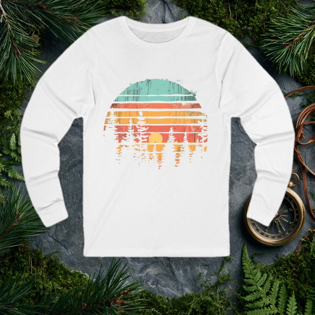 Horizontal stripes of teal, rust, and amber band together around a forest silhouette — white pines framing a golden setting sun, the whole scene reflected like…