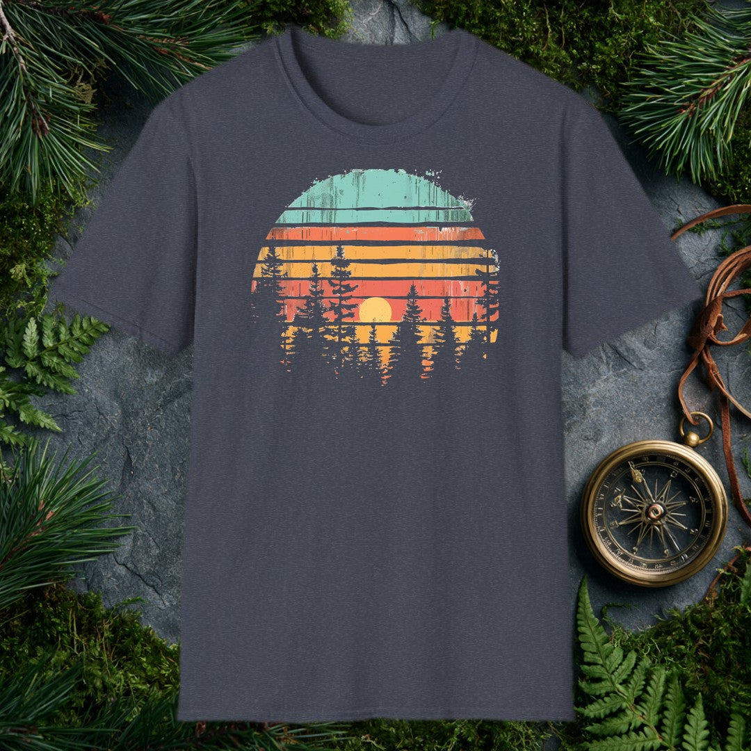 Horizontal stripes of teal, rust, and amber band together around a forest silhouette — white pines framing a golden setting sun, the whole scene reflected like…