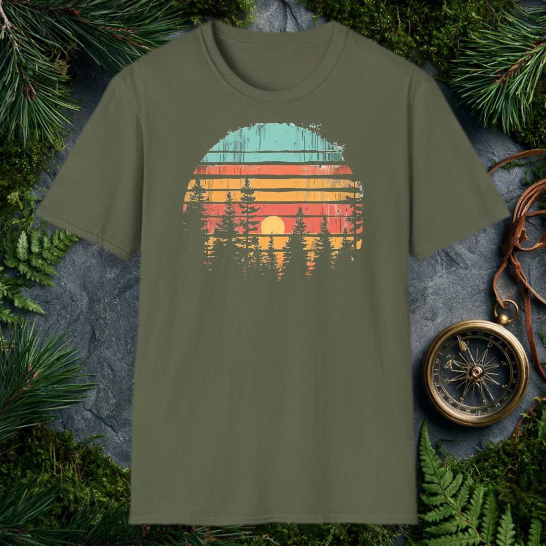 Horizontal stripes of teal, rust, and amber band together around a forest silhouette — white pines framing a golden setting sun, the whole scene reflected like…
