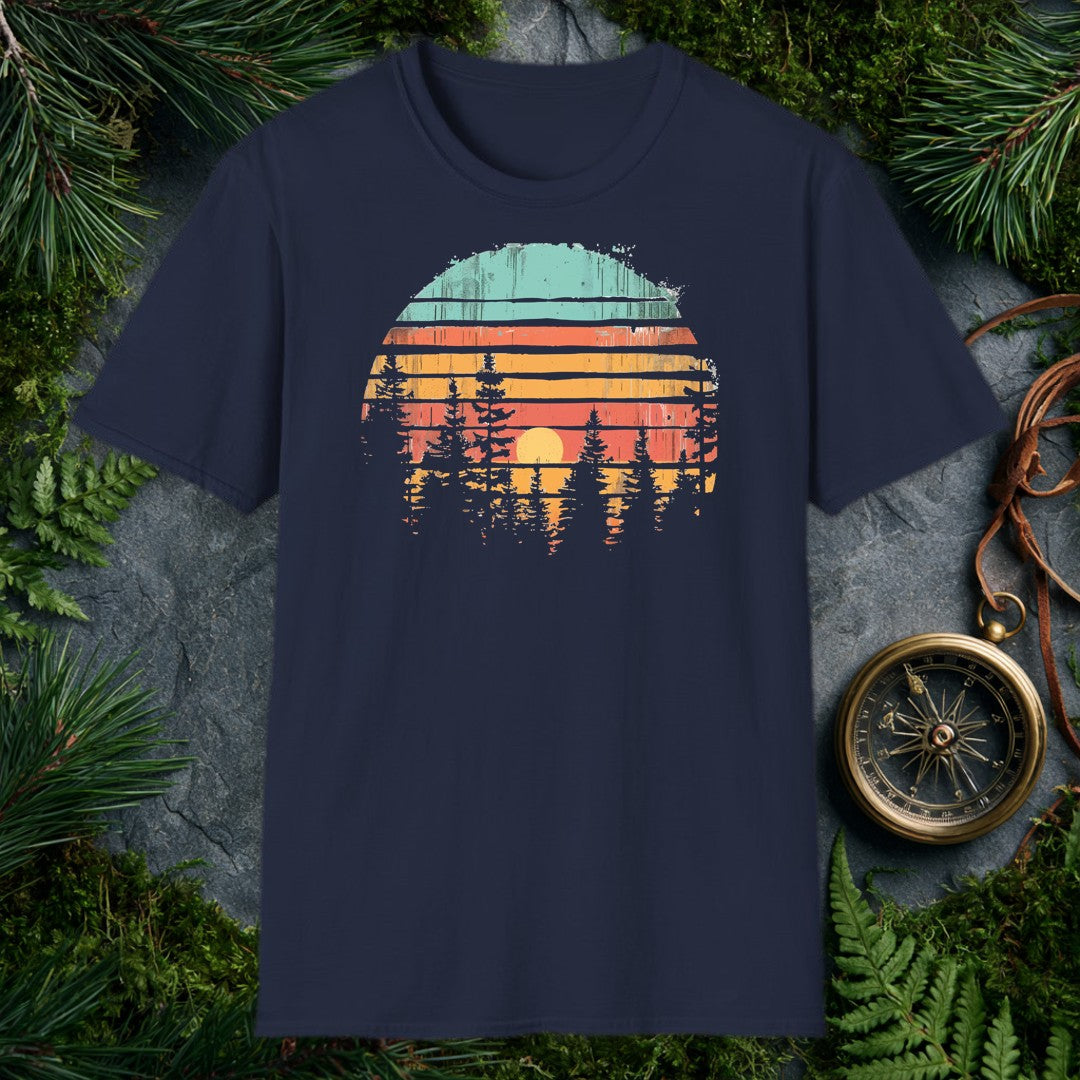 Horizontal stripes of teal, rust, and amber band together around a forest silhouette — white pines framing a golden setting sun, the whole scene reflected like…