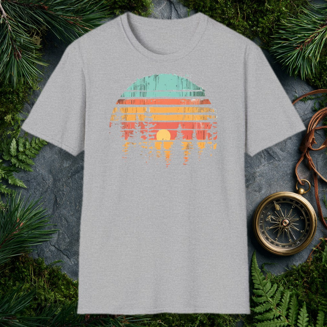 Horizontal stripes of teal, rust, and amber band together around a forest silhouette — white pines framing a golden setting sun, the whole scene reflected like…