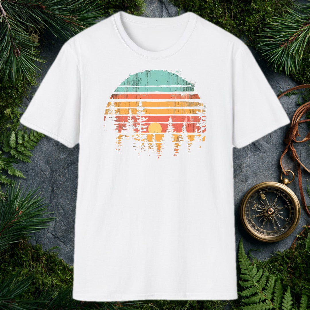 Horizontal stripes of teal, rust, and amber band together around a forest silhouette — white pines framing a golden setting sun, the whole scene reflected like…