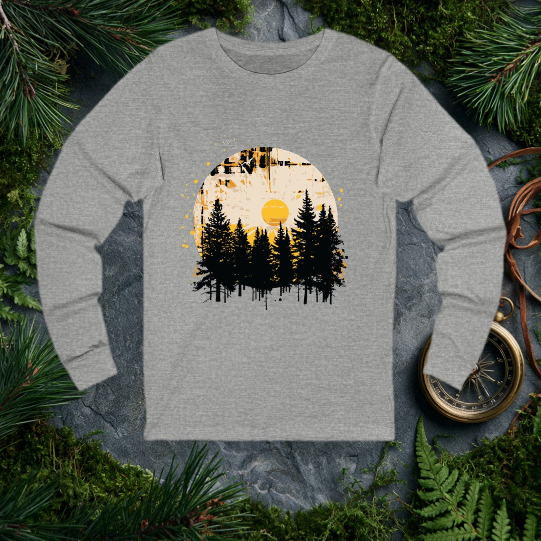 A silhouette of tall pines rises against a weathered circle, a golden sun glowing at its center like the last warm light before the trail bends out of sight —…