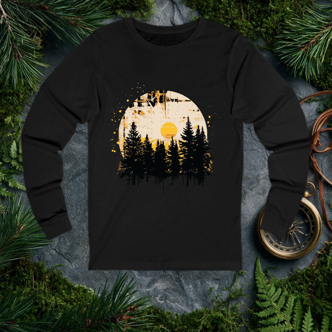 A silhouette of tall pines rises against a weathered circle, a golden sun glowing at its center like the last warm light before the trail bends out of sight —…