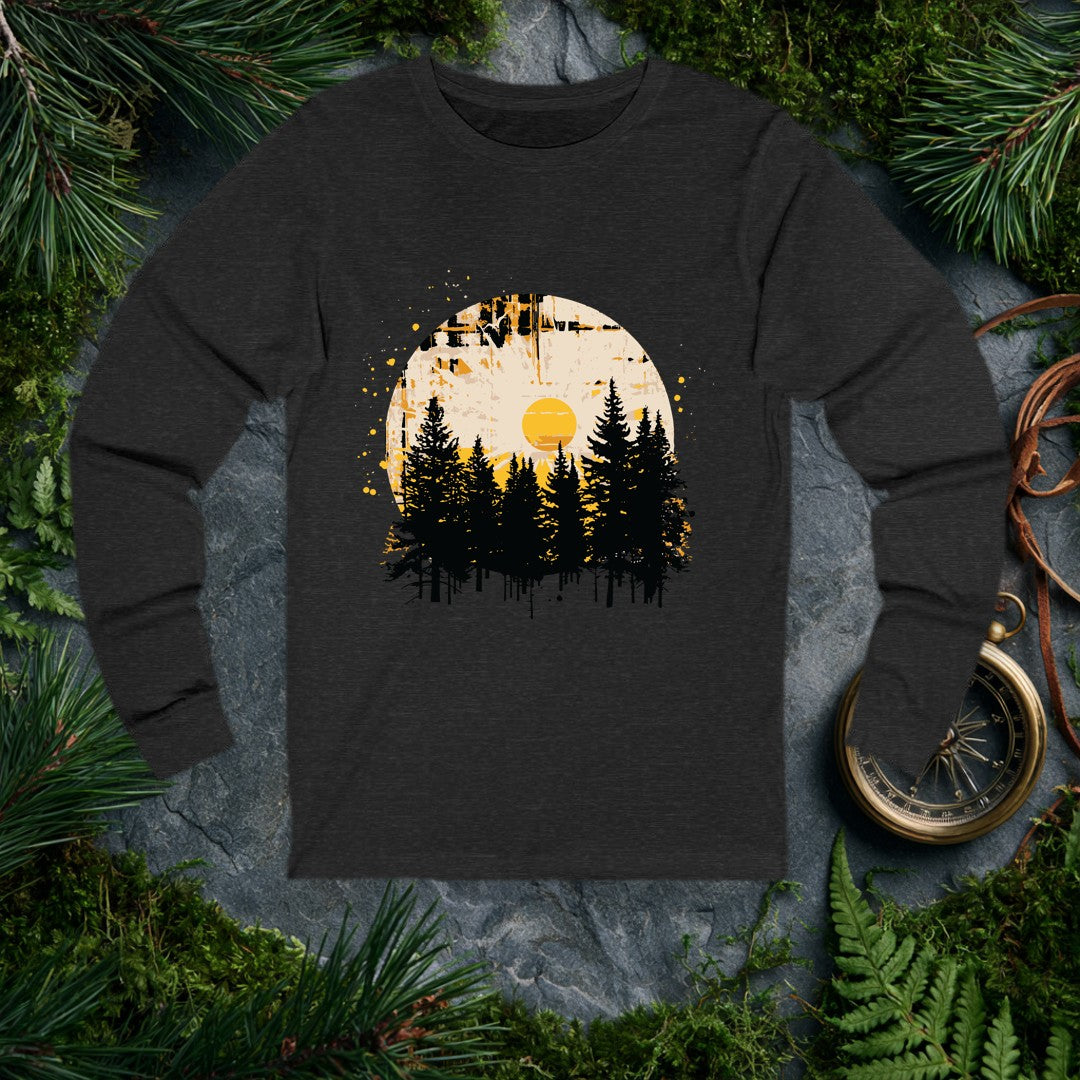 A silhouette of tall pines rises against a weathered circle, a golden sun glowing at its center like the last warm light before the trail bends out of sight —…