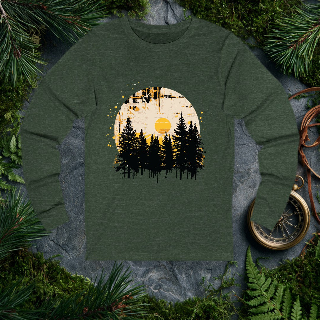 A silhouette of tall pines rises against a weathered circle, a golden sun glowing at its center like the last warm light before the trail bends out of sight —…