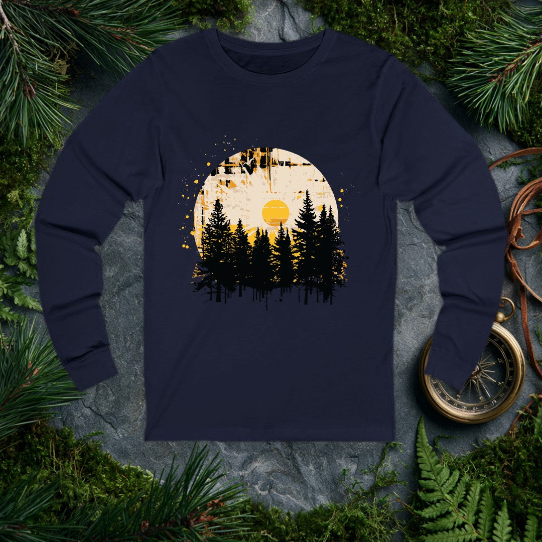 A silhouette of tall pines rises against a weathered circle, a golden sun glowing at its center like the last warm light before the trail bends out of sight —…