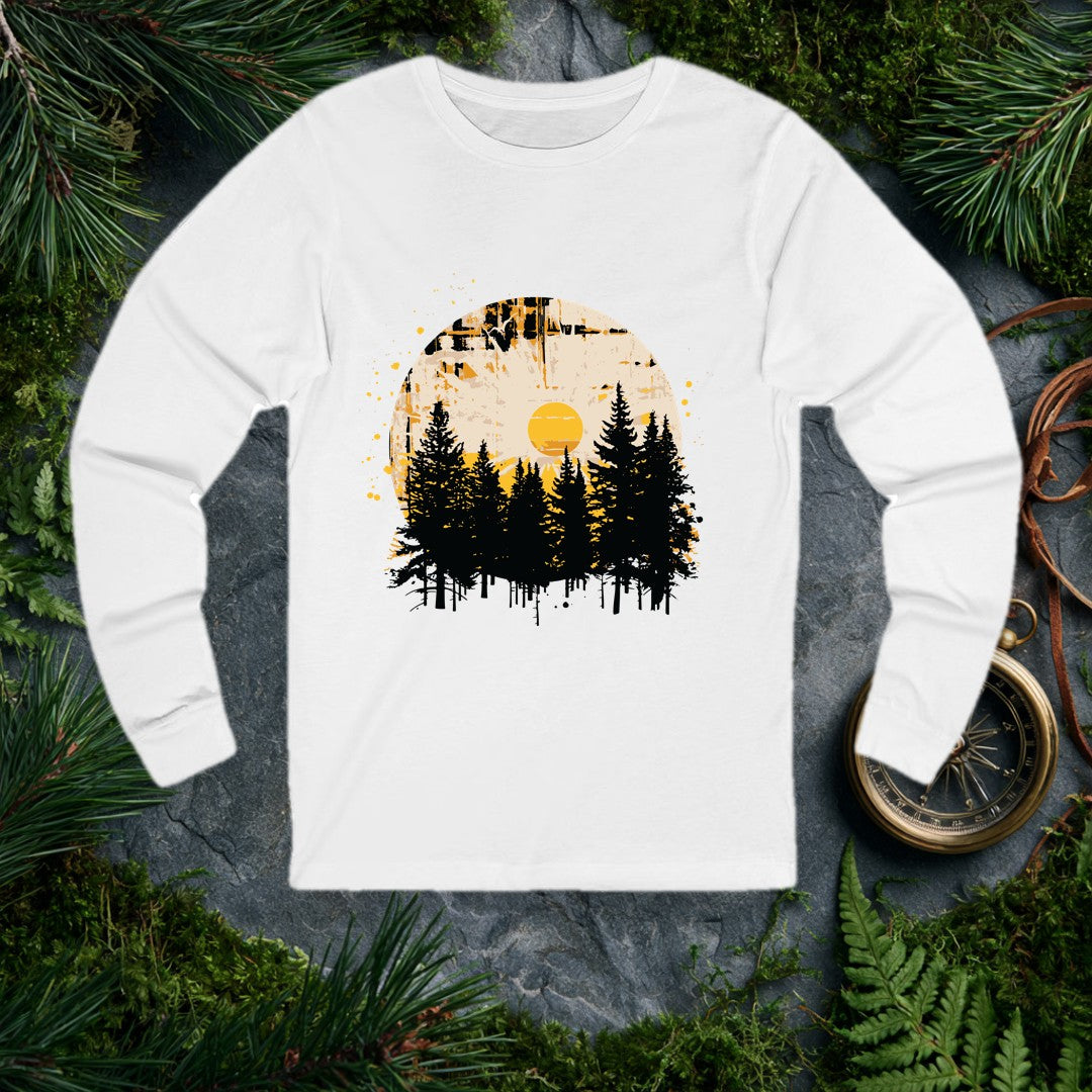 A silhouette of tall pines rises against a weathered circle, a golden sun glowing at its center like the last warm light before the trail bends out of sight —…