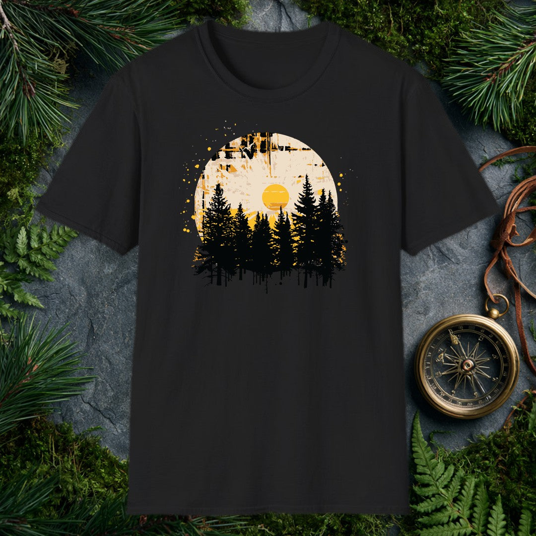 A silhouette of tall pines rises against a weathered circle, a golden sun glowing at its center like the last warm light before the trail bends out of sight —…