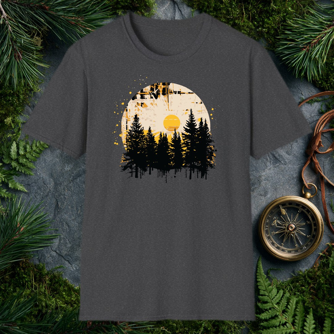 A silhouette of tall pines rises against a weathered circle, a golden sun glowing at its center like the last warm light before the trail bends out of sight —…