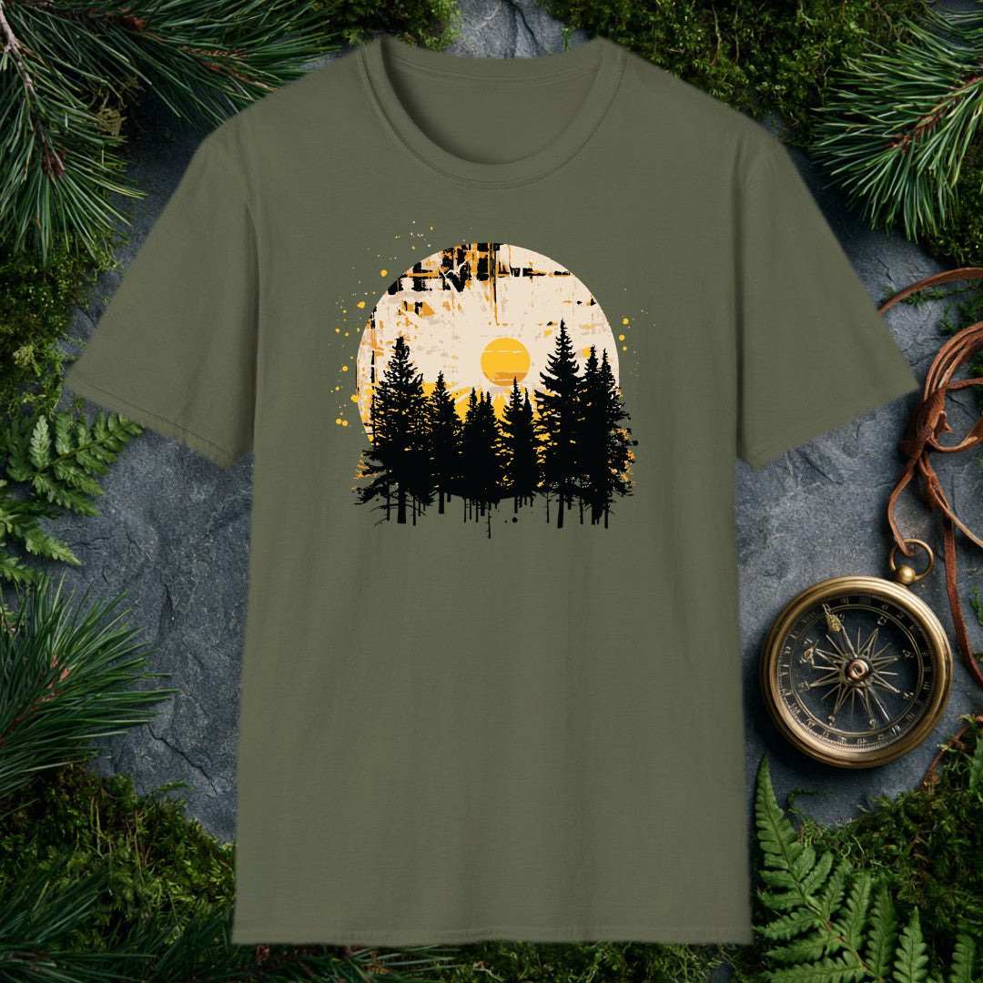 A silhouette of tall pines rises against a weathered circle, a golden sun glowing at its center like the last warm light before the trail bends out of sight —…
