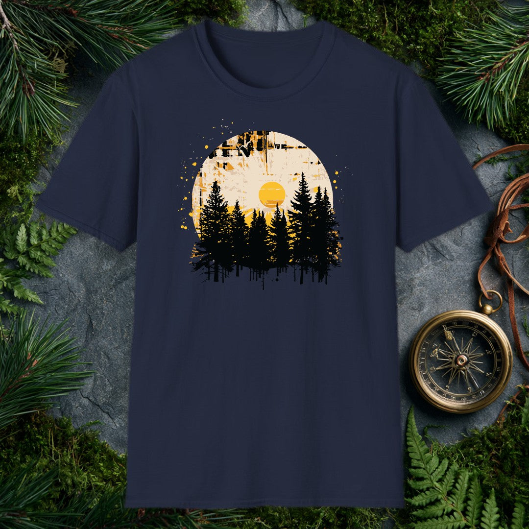 A silhouette of tall pines rises against a weathered circle, a golden sun glowing at its center like the last warm light before the trail bends out of sight —…
