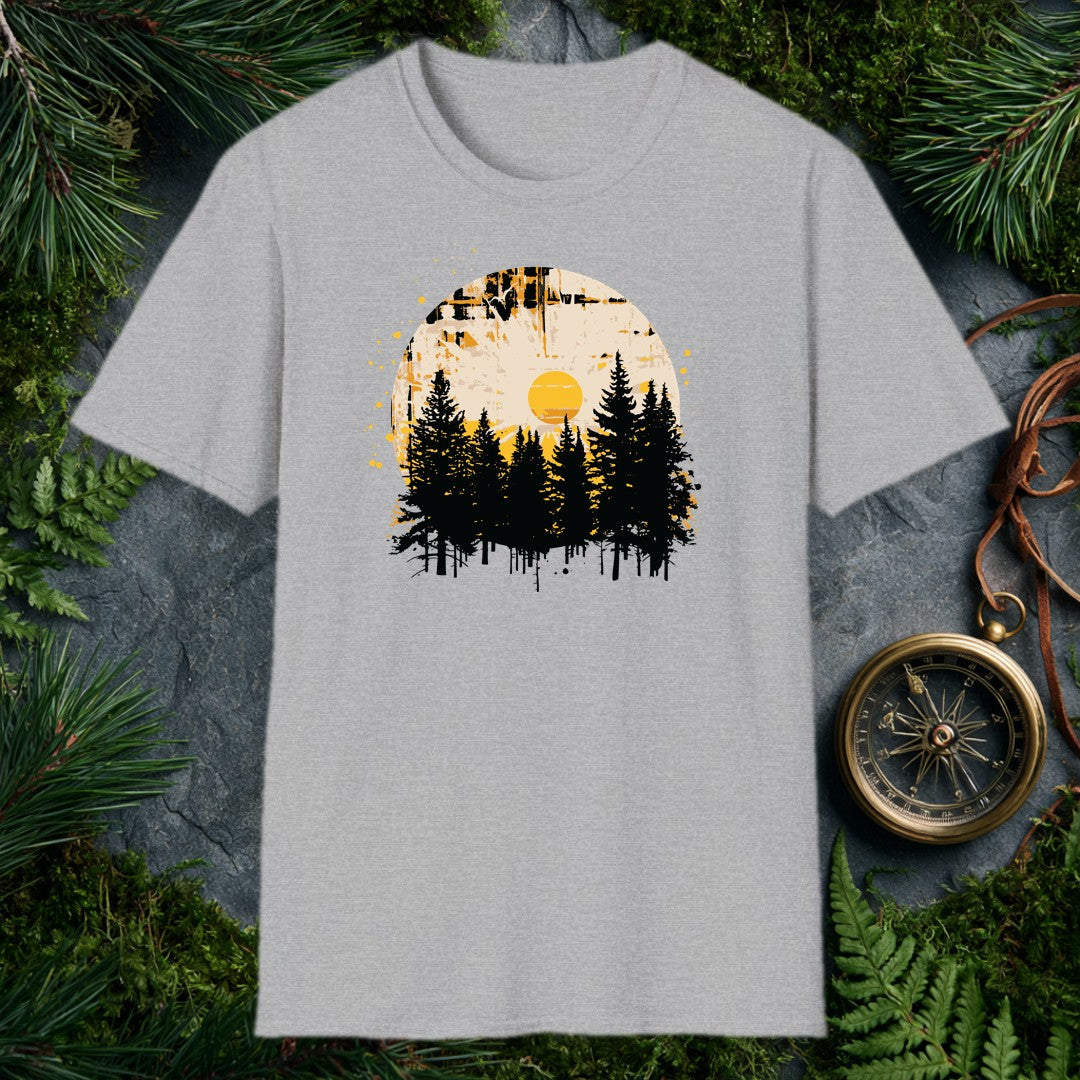 A silhouette of tall pines rises against a weathered circle, a golden sun glowing at its center like the last warm light before the trail bends out of sight —…