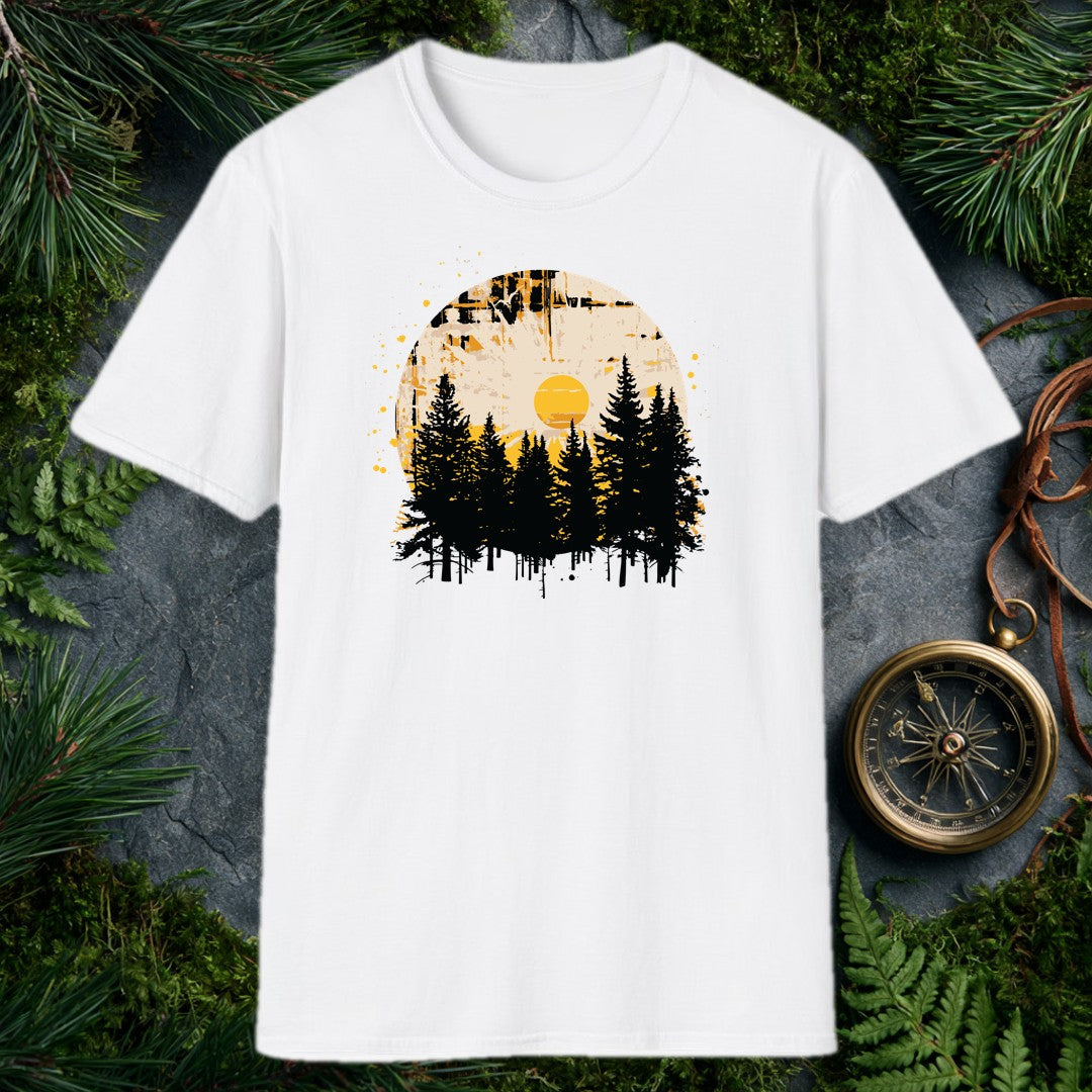 A silhouette of tall pines rises against a weathered circle, a golden sun glowing at its center like the last warm light before the trail bends out of sight —…