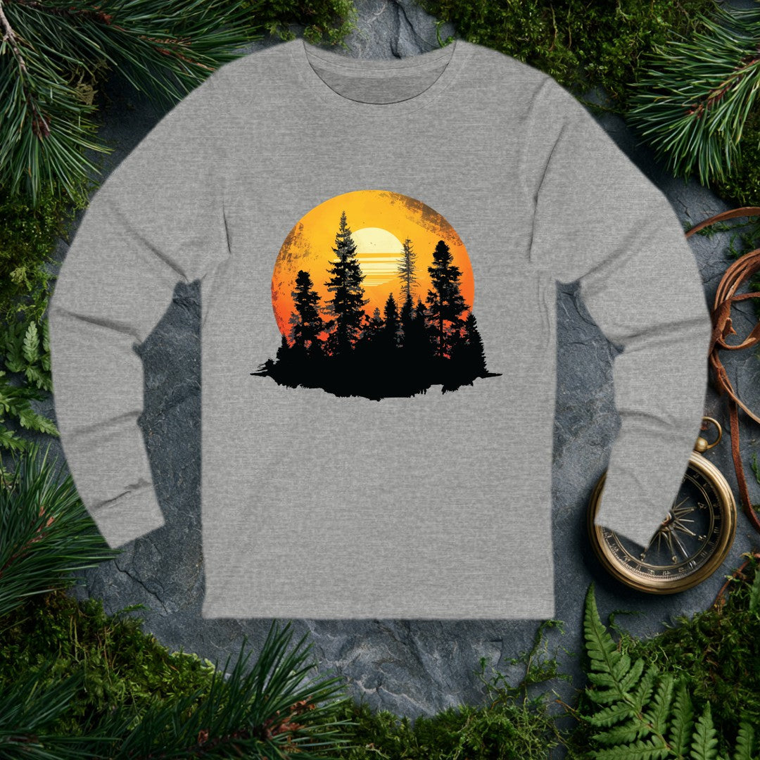 A stand of tall conifers silhouetted against a glowing orange sunset, framed inside a weathered vintage circle — built for the person who'd rather watch the…