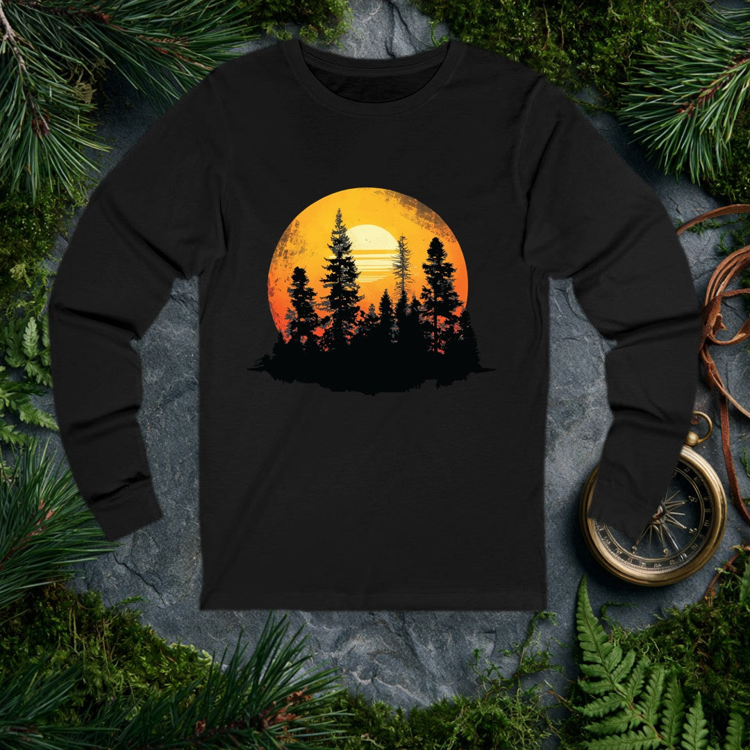 A stand of tall conifers silhouetted against a glowing orange sunset, framed inside a weathered vintage circle — built for the person who'd rather watch the…