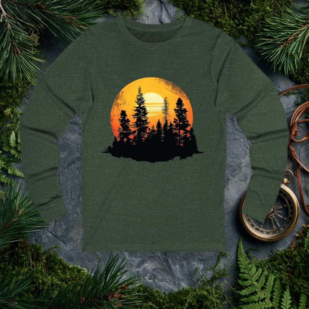 A stand of tall conifers silhouetted against a glowing orange sunset, framed inside a weathered vintage circle — built for the person who'd rather watch the…