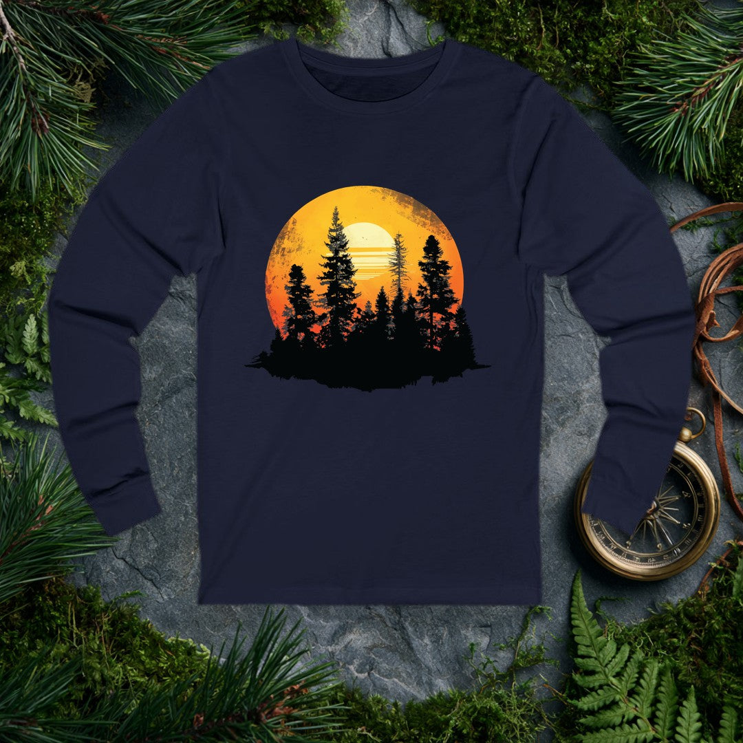 A stand of tall conifers silhouetted against a glowing orange sunset, framed inside a weathered vintage circle — built for the person who'd rather watch the…
