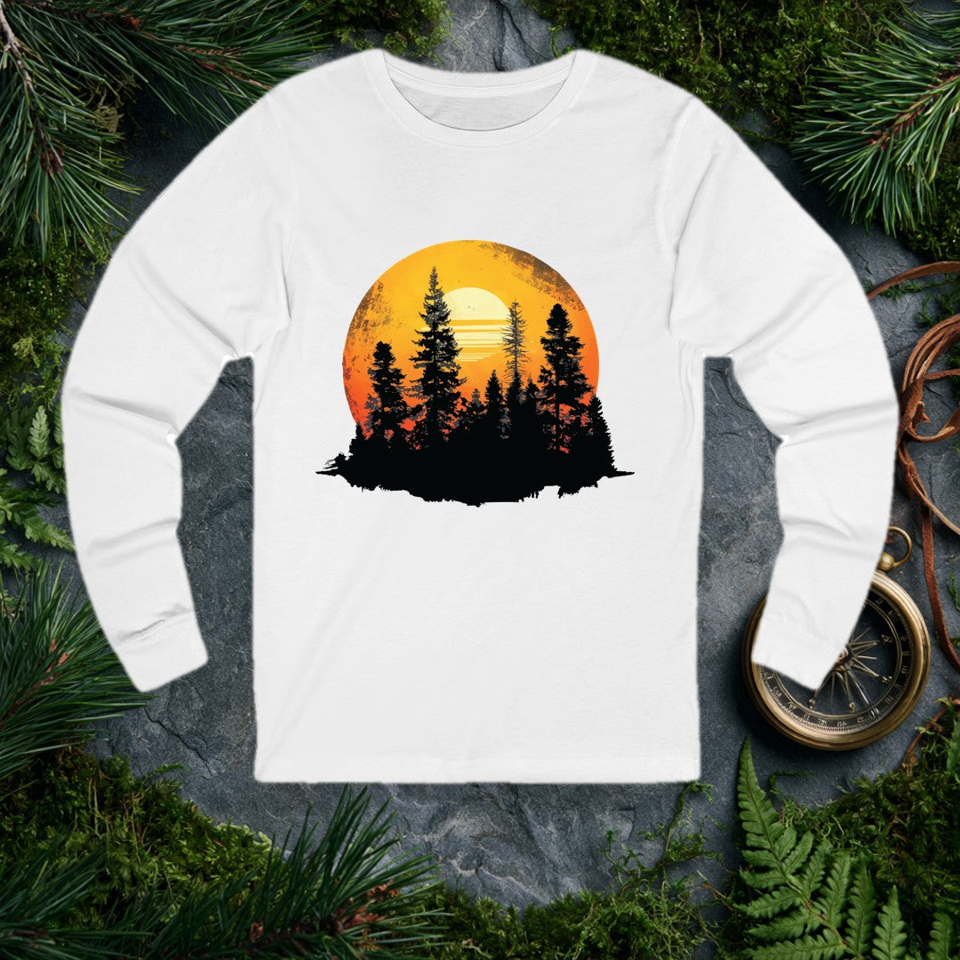 A stand of tall conifers silhouetted against a glowing orange sunset, framed inside a weathered vintage circle — built for the person who'd rather watch the…